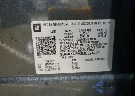 2021 Chevrolet Equinox Lt z USA, uszkodzony, nr VIN 3GNAXUEV8ML324728